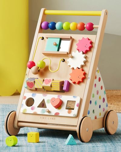Tiny Land Wooden Baby Walker with Adjustable Speed, Montessori Activity Push Walker Toy for Toddlers, Colorful Learning Walker for Boys & Girls (Rainbow)