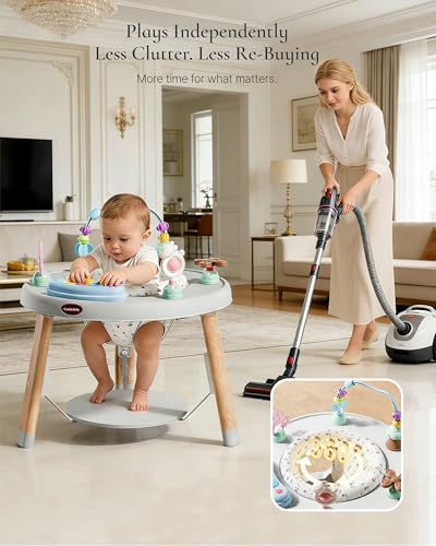 CuddoBaby Baby Jumper 4-Stage Convertible| Montessori -Inspired 8 Interactive Toys| Tummy Time Playmat, Bouncer, Exersaucer, Toddler Table| Music & Lights | 3-6, 6-12, 12-18, 12-24 Months - Gray