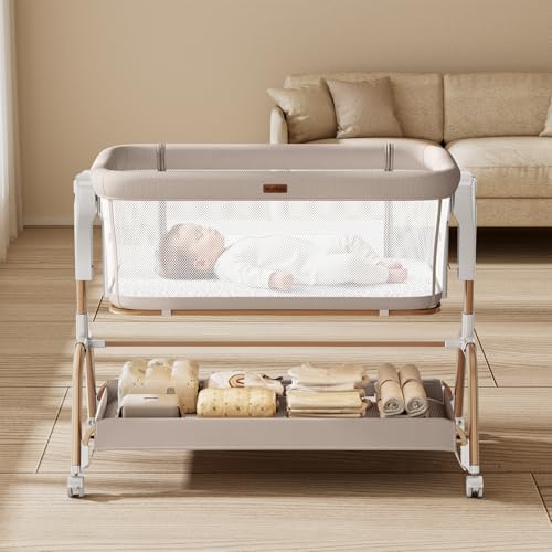 NeoBorn 3 in 1 Baby Bassinet, Bedside Bassinet for Baby, Rocking Bassinet with Breathable Full-Mesh, Mattress and Soft Sheet, Adjustable Height, Stable and Secure Crib for Newborns