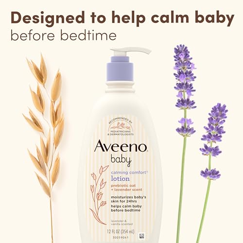 Aveeno Baby Calming Comfort Moisturizing Body Lotion with Relaxing Lavender & Vanilla Scents, Non-Greasy, Nourishing Prebiotic Oatmeal, No Added Parabens, 12 fl. oz
