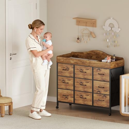 YeTom Baby Changing Table with 9 Fabric Boxes, Waterproof Diaper Changing Station & Pad, Mobile Nursery Diaper Changing Table, Baby Furniture, Rustic Brown