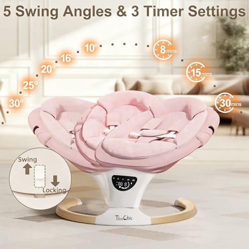 TimChic Baby Swings for Infants, Portable Infant Swing with 5-Speeds, 3-Adjustable Height, 3 Timer & 12 Preset Melodies, Mutil-Function Electric Swing for Baby, Indoor & Outdoor Use (Pink)