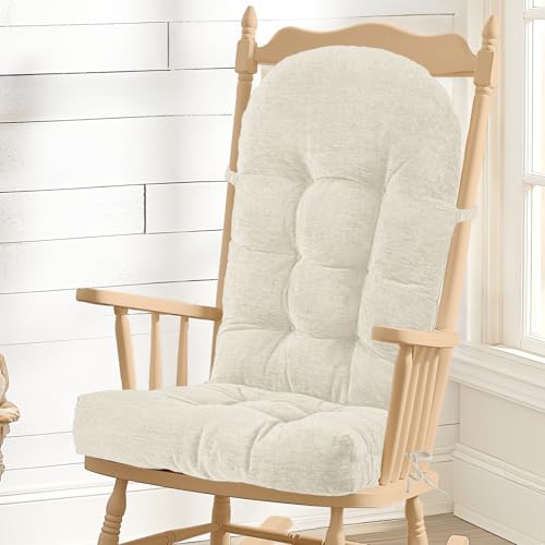 ROFIEJOX Rocking Chair Cushion - Soft Chenille Fabric Seat Pad with Tufted Design, Non-Slip Bottom and Secure Ties, for Nursery Glider, Adirondack and Indoor Rocker Chair, 44x19x4 Inch, Oyster White