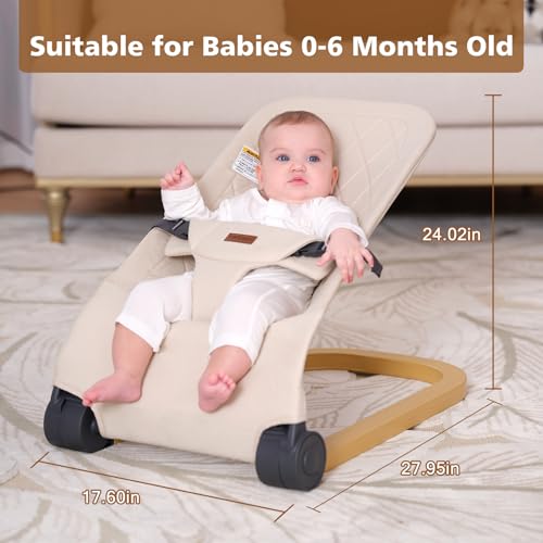 Winchild Baby Bouncer,Portable Baby Bouncer Seat & Foldable with 3 Height Adjustments, Ergonomic Bouncer for Babies 0-6 Months, Wood Grain Style, Natural Vibrations, Includes Storage Bag (Beige)