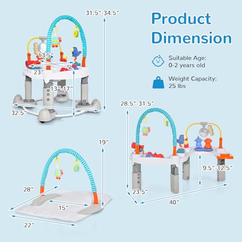 INFANS Baby Bouncer Activity Center, 5 in 1 Toddler Bouncing Activity Saucer Playtime Mat Activity Table with 360°Rotating Seat, 3 Adjustable Height, Foldable Exersaucer Learning Walker (Light Grey)