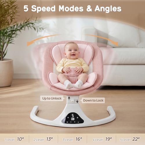 RIVIPLOU Electric Baby Swing with Remote Control - 5 Natural Motion Speeds, Detachable Seat Pad, Bluetooth Technology & Music, Portable Infant Swing for Indoor/Outdoor Use (0-12M, 20lbs, Pink)