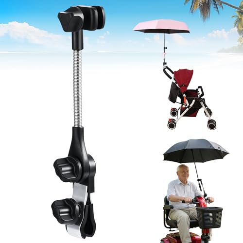Umbrella Holder for Stroller Chair, 360° Adjustable Clip On Umbrella Attachment, Universal Umbrella Clamp Mount for Golf Cart, Wheelchair, Beach Chair, Camping Chair Outdoor Auto Scooter