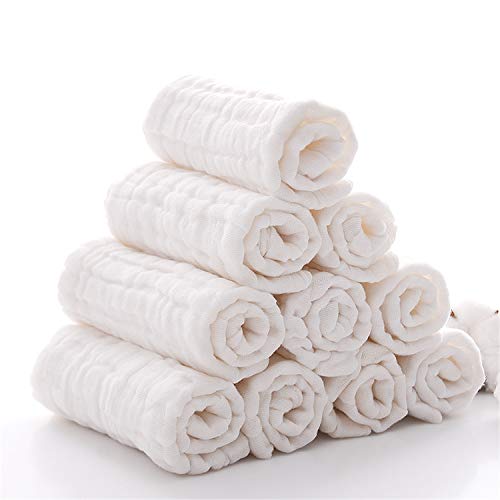 Baby Muslin Washcloths- Natural Cotton Wipes - Soft Newborn Face Towel for Sensitive Skin- Registry as Shower, 10 Pack 12x12 inches by MUKIN (White)