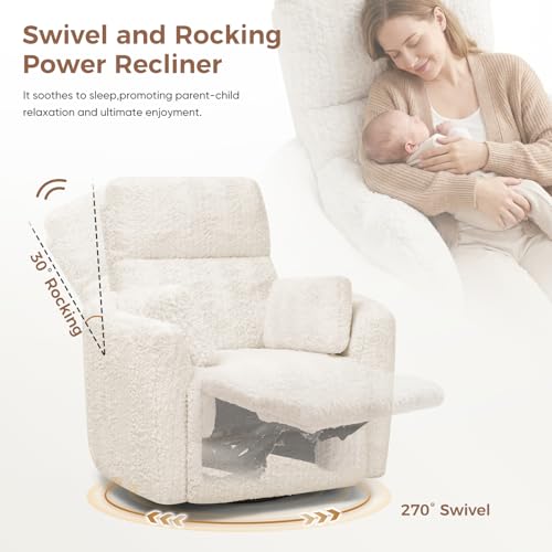 SENYUN Power Swivel Rocker Recliner for Adults, Large Glider Rocking Chair w/ 2 Pillows, USB and Type-C Ports, Night Light, Fluffy Plush Nursery Chair for Living Room, Bedroom,Nursery, Beige