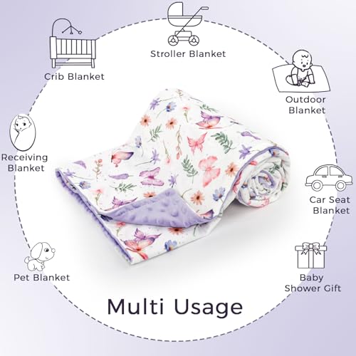 Pea Pod Baby Girls Blanket Soft Butterfly Minky Blanket for Newborn, 30'' x 40'' Double Layer Design, Dotted Backing Warm Baby Quilt Crib Blanket for Nursery/Stroller/Toddler Bed/Baby Car Seat