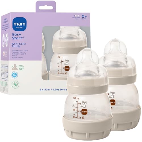 MAM 4.5oz Easy Start Anti-Colic+ Wide Neck Vented Baby Bottle, Extra Slow Flow Breastfeeding-Like Silicone Nipple, Reduces Colic, Gas & Reflux, Easy to Clean, BPA Free, 0+ Months, Unisex