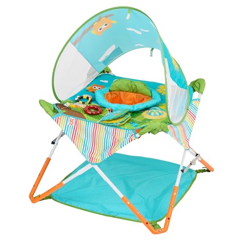 Bright Starts Pop 'N Jump Portable Baby Jumper, Foldable Indoor/Outdoor Baby Jumper with Owl Forest Sensory Activities, Ages 6–12 Months
