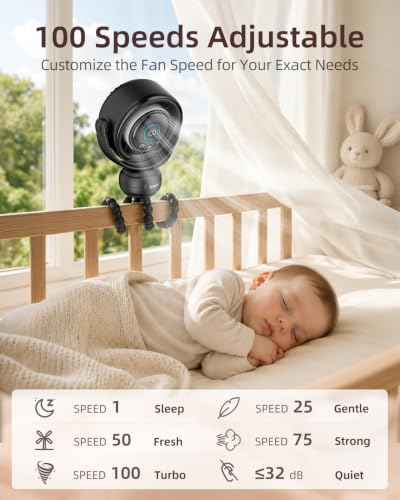 Spopal Portable Baby Stroller Fan, 120° Auto Swing 100-Speed Quiet with LED Display Clip Fan for Stroller, 3-Level Night Light, Powerful Cooling Fan for Car Seat, Crib, Travel - Black