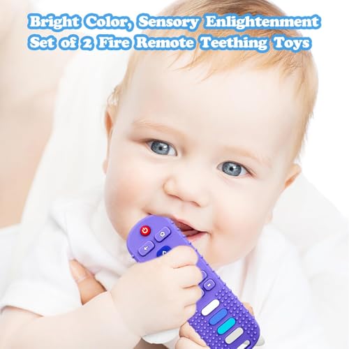 ERSIHUA 2-Pack Silicone Baby Teething Toys, TV Remote Teethers for 6-12-18 Months Infant, Fire Stick Remote Control Shape Baby Silicone Teethers, Chew Toys for Boys and Girls (New-F Black+R Purple)