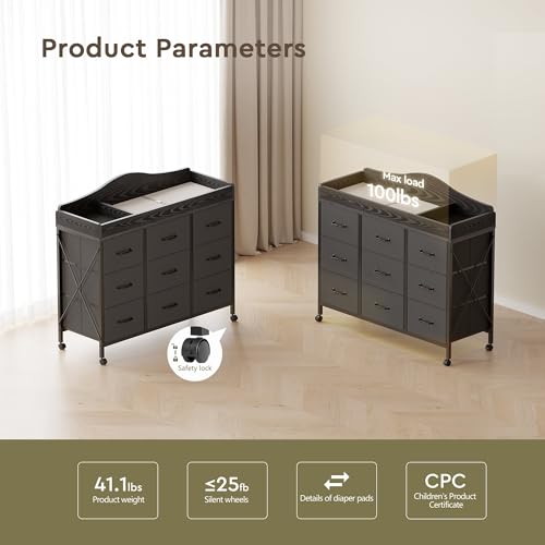 YeTom Baby Changing Table with 9 Fabric Boxes, Waterproof Diaper Changing Station & Pad, Mobile Nursery Diaper Changing Table, Baby Furniture, Black