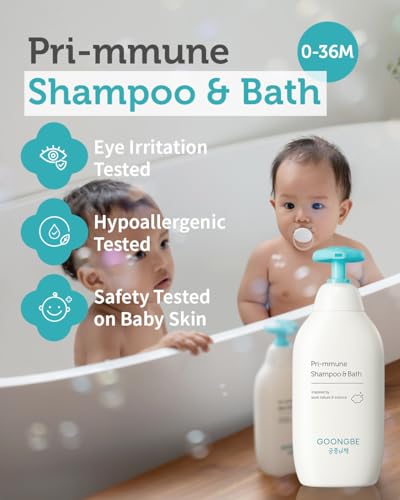 GOONGBE Pri-mmune Baby Shampoo & Body Wash for Sensitive Skin & Hair – Korean 2-in-1 Tear-Free Tested Head-to-Toe Cleanser, Sulfate-Free Low pH with Ceramide NP & Royal Oji Complex, Quick Rinse 11.8oz
