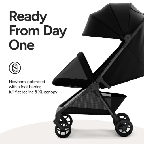 Mompush Nexis Carbon Travel Stroller, Ultra-Lightweight 11.5 lbs, Compact & Airplane Carry-On Approved, One-Second Auto-Fold, One-Hand Full Recline, from Birth to 50 lbs, JPMA Certified, Black