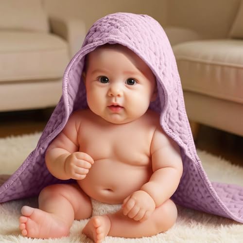 Peryiter 4 Pcs Baby Towels Cotton Muslin Hooded Baby Towels for Newborn Infant Toddler Large 32 x 32 Inch Soft Absorbent Blankets Bath Essentials Registry Gifts for Girl Boy (Purple Series)