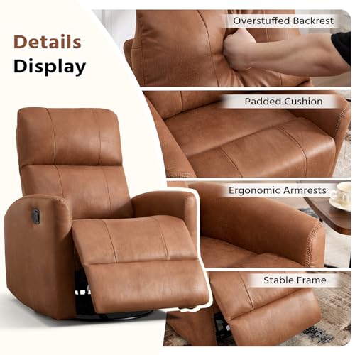 HAOMARKETS Swivel Rocker Recliner Chair, Manual Faux Leather Glider Rocking Recliners for Adults, 360° Swivel Nursery Reclining Sofa with Padded Backrest for Living Room, Dark Brown