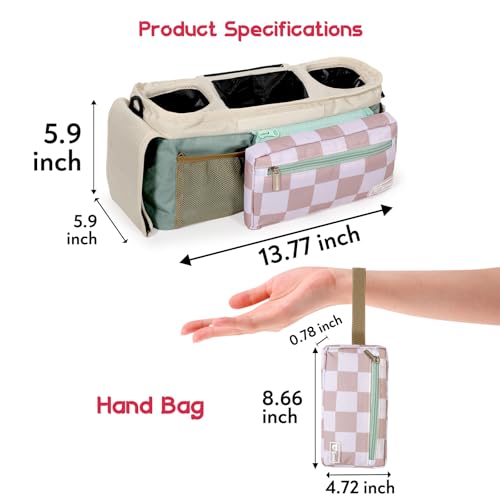 ERRUI Universal Stroller Organizer with Insulated Cup Holders and Detachable Phone Bag,Stroller Caddy Fits for Stroller Accessories like Uppababy, Baby Jogger, Doona, Nuna Stroller (Green Square grid)