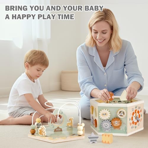 Joyreal Wooden Activity Cube - 11-in-1 Montessori Toys for 1+ Year Old Boys & Girls, Early Developmental Learning Toys for Toddlers and Kids, Ideal 1st Birthday Gift Toys for Baby(Animal Theme)