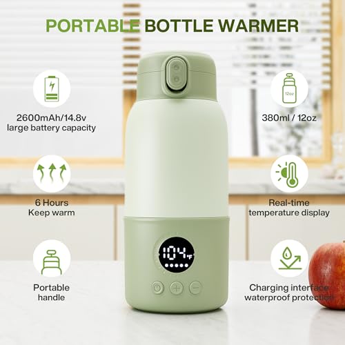 Portable Bottle Warmer for Travel, Fast Heating Baby Bottle Warmer with Keep Warm Function, Portable Milk Warmer for Breast Milk & Formula, 13oz Large Capacity On-the-Go Feeding Solution