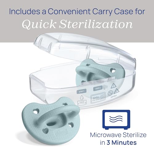 Chicco PhysioForma Luxe Orthodontic Pacifier for Babies 6-16 Months, One-Piece 100% Soft Silicone, Supports Breathing, Textured Shield & Handle, Sterilizing Case, BPA Free, 2-Pack, Coastal Blue
