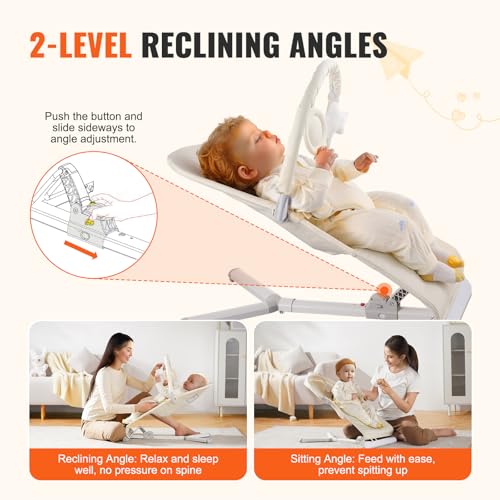 VEVOR Baby Bouncer, Folding Bouncer Seat for Babies 0-9 Months, Portable Baby Bouncer Seat with 2 Reclining Angles, Rotatable Toy Bar & Carrying Bag, Ideal for Indoors Outdoors, Beige