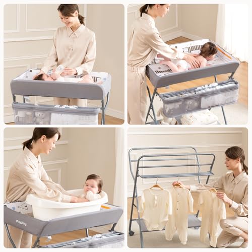 Baby Changing Table with Wheels, Maydolly Portable Adjustable Height Folding Diaper Station with Nursery Organizer & Storage Rack for Newborn Baby and Infant (Light Grey)