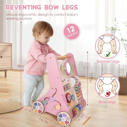 Wooden Baby Walker with Wheels, Adjustable Speed Baby Push Walker, Montessori Walking Toys for Girls Boys, Push and Pull Learning with Baby Activity Center, Christmas Birthday Gifts for Toddler
