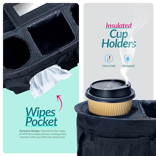 Swanoo Stroller Caddy Organizer With Cup Holder, Non Slip Straps Bag for Phone, Pet Stroller Accessories, Universal Fits Uppababby Vista v2 Wonderfold Wagon, Doona and More