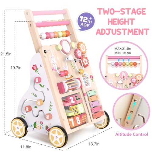 Wooden Baby Walker, Push Walker with Wheels, Montessori Activity Center Walker for Toddlers 12+ Months, Adjustable Height & Speed Learning Walking Toy for 1 Year Old Boys and Girls (Pink)