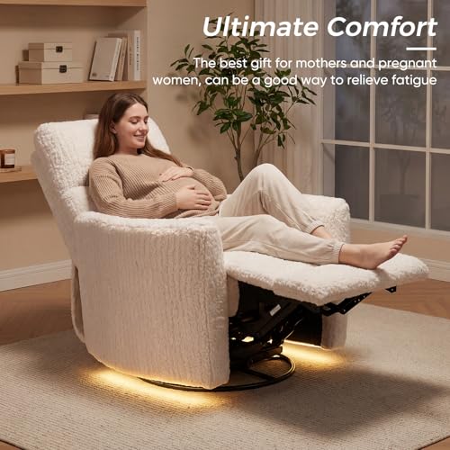 SENYUN Power Swivel Rocker Recliner for Adults, Large Glider Rocking Chair w/ 2 Pillows, USB and Type-C Ports, Night Light, Fluffy Plush Nursery Chair for Living Room, Bedroom,Nursery, Beige