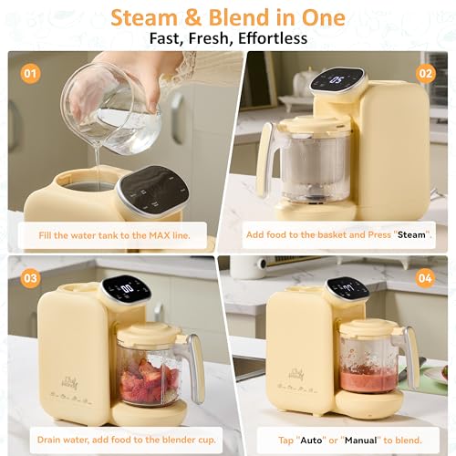Chefhandy Baby Food Maker, Steamer & Blender with Stainless Steel Basket, Puree Maker with Auto/Manual Blend, Bottle Warmer & Sterili-zer, Safe & Easy-to-Clean Compact Baby Food Processor (Yellow)