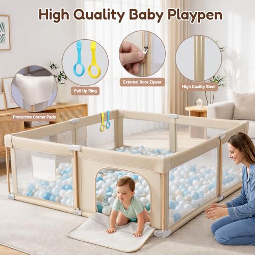 Foldable Baby Playpen with Mat, Foldable Baby Fence Play Yards for Babies and Toddlers, Play Pen with Breathable Mesh and Anti-Fall Pads (71"×59")