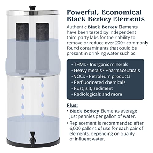 Travel Berkey Gravity-Fed Water Filter System with 2 Black Berkey Elements Plus Deluxe 7" Stainless Steel Water View Spigot