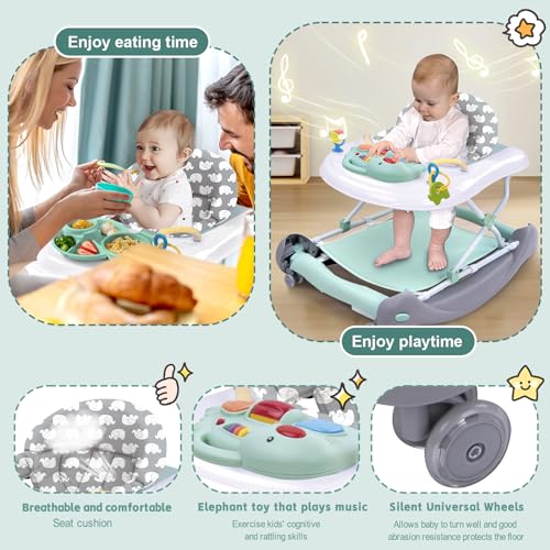 5 in 1 Foldable Baby Walker, Activity Baby Walker-Baby Bouncer, Rocker, Activity Center,Seat and Push Walker,Detachable Trampoline Mat, Adjustable Speed Rear Wheels and Height,Ages 6-18 Months(Mint)
