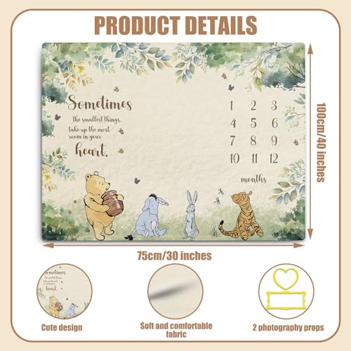 Guawubiang Winnie Milestone Blanket for Baby, Pooh Babies Monthly Blanket, Winnie Quotes Baby Milestone Blankets, Newborn Photography Background Decor, with 8 Holiday Cardstocks