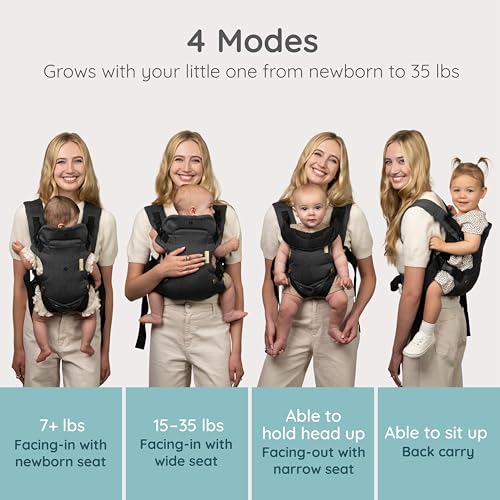 Infantino Flip Luxe 4-in-1 Convertible Baby Carrier, Ergonomic Infant to Toddler Carrier, Updated Lumbar Support, Premium Herringbone Fabric, Elevated Accents, Hands-Free Comfort, 7–35 lbs, Onyx