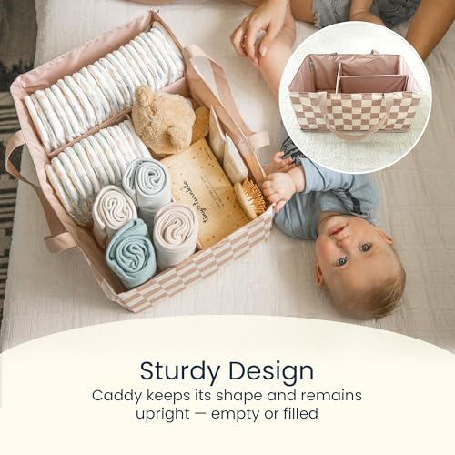 Tiny Twinkle Diaper Caddy Organizer | Foldable Baby Storage Basket with Removable Divider | Waterproof & Mess-Proof Fabric, Portable Nursery Organizer for Newborn Essentials (Blue Checkers)