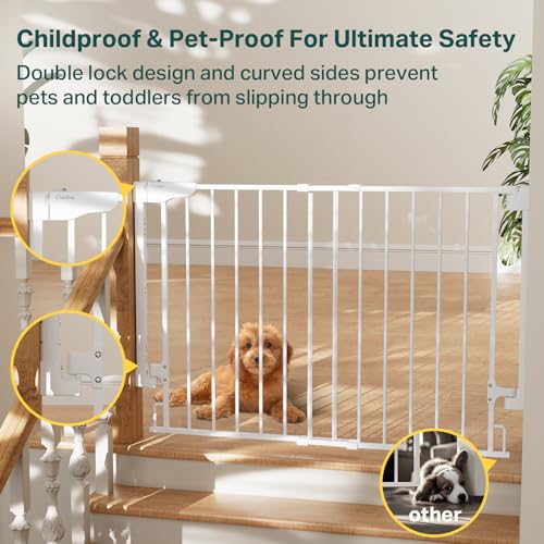 Cumbor 29.2–43" Baby Gate for Stairs, Hardware Mounted (Drill Required), Expandable No Bottom Bar Dog Gate, Auto Close Extra Wide Walk Thru, Pet & Toddler Proof Gate, Top & Bottom of Stairways (White)