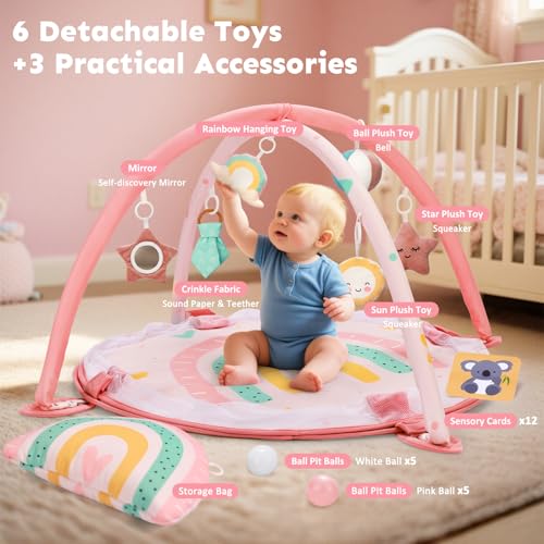 7-in-1 XL Large Baby Play Gym Mat, Tummy Time Mat, Baby Gym & Ball Pit, Baby Activity Mat with Milestone Cards & 6 Detachable Toys for Sensory Motor Skill, Rainbow