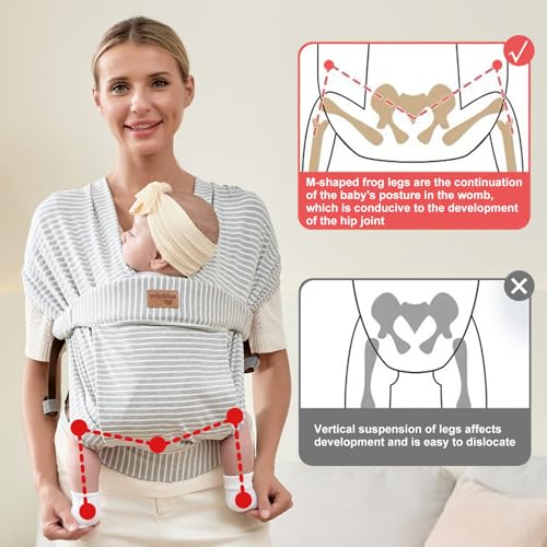 vrbabies Baby Wraps Carrier Newborn to Toddler, Kangaroo Baby Easy Wearing Wrap, Adjustable Soft Baby Holder Front Chest Sling Carriers Perfect Infant Essentials Gifts (Striped Grey, Cotton)
