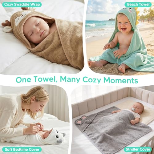 YEFAJUMP 14 PCS Baby Bath Towels Set with 4 PCS Hooded Baby Towels, 8 PCS Washcloths & 2PCS Bath Brush for Infants & Toddlers, Ultra Absorbent Newborn Bath Essentials Gift for Boys & Girls