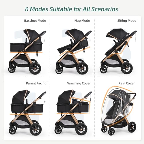 6-in-1 Convertible Baby Stroller with Bassinet Pushchair - Folding Infant Newborn Stroller w/Footmuff, Rain Cover, Cup Holder & Large Storage, Toddler w/All-Scene Large Wheels, Reversible Seat(Black)
