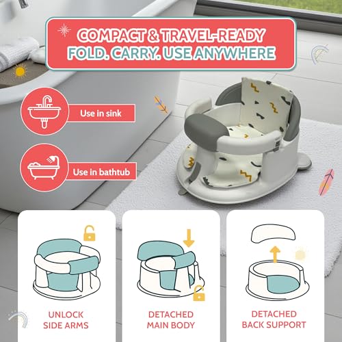 BEBECAN Non-Slip Baby Bath Seats 6-12 Months, Toddler Bathtub Chair with Washable Cusion, Cap Brush & Shower Mug, Infant Chair Comfortable Baby Bath Support for Safe Bathing & Sit Up Bathtub Support