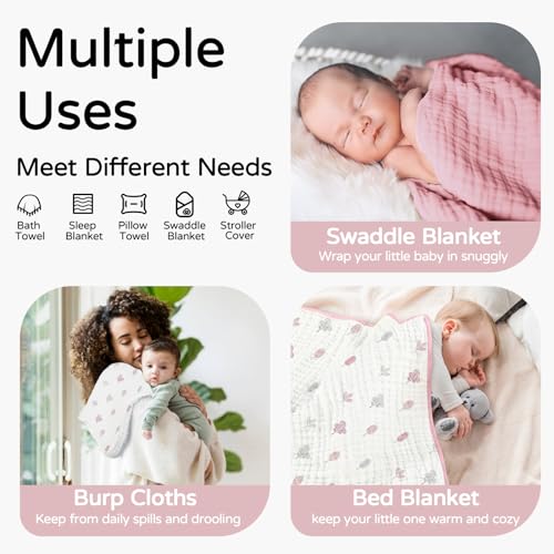 Yoofoss Hooded Baby Towels for Newborn 2 Pack 100% Muslin Organic Cotton Baby Bath Towel with Hood for Babies, Infant, Toddler and Kids, 32x32Inch, Soft and Absorbent Newborn Essential,Pink&Wh Leaf