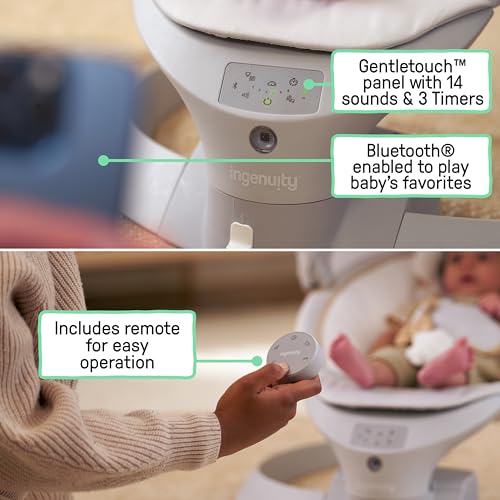 Ingenuity InLighten Baby Swing, 3-in-1 Bounce, Sway & Stationary Seat, Bluetooth Music, Light-Up Canopy, Remote Control, Vibrations, 5-Point Harness, Pebble Shore