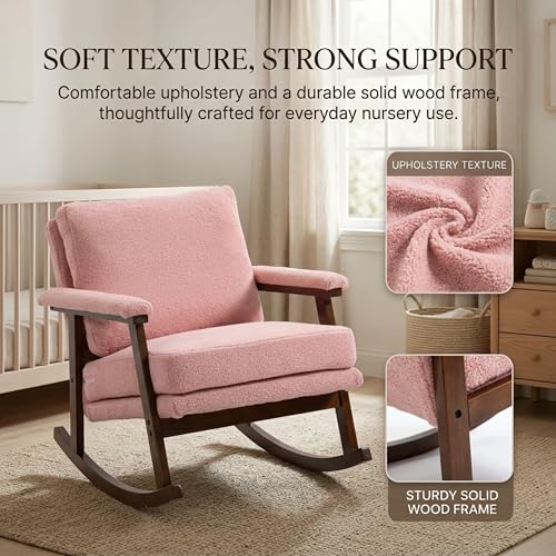 XJJWFR Rocking Chair Nursery, Compact Glider Rocking Chair for Indoor Use, Small Upholstered Rocker Chair for Bedroom Living Room, Teddy Fleece Accent Chair, Pink
