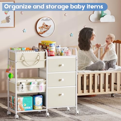 Cidaziya 2In1 Baby Diaper Caddy Organizers and Storage, 3 Tier Rolling Cart with Dividers and Drawers, Mobile Utility Cart Baby Dresser Clothes Organizer for Changing Table, Crib Nursery, Bedroom